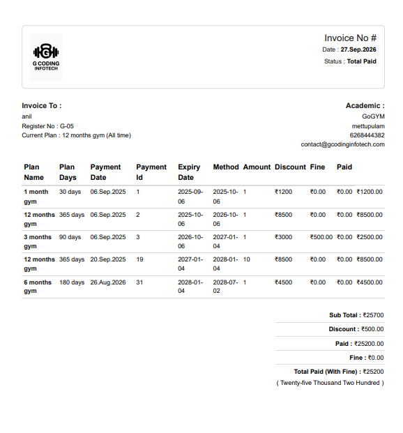 Gym Membership Official Tax Invoice