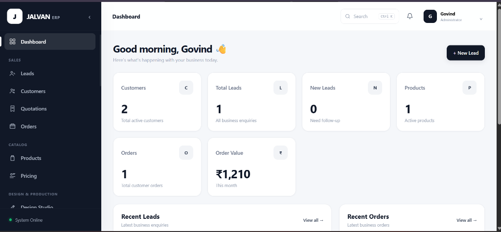 Jalvan ERP – Factory & Manufacturing Software Live Cloud Dashboard