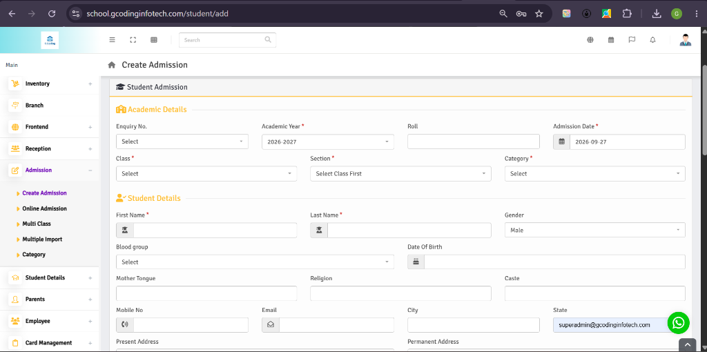 Create Student Admission Module